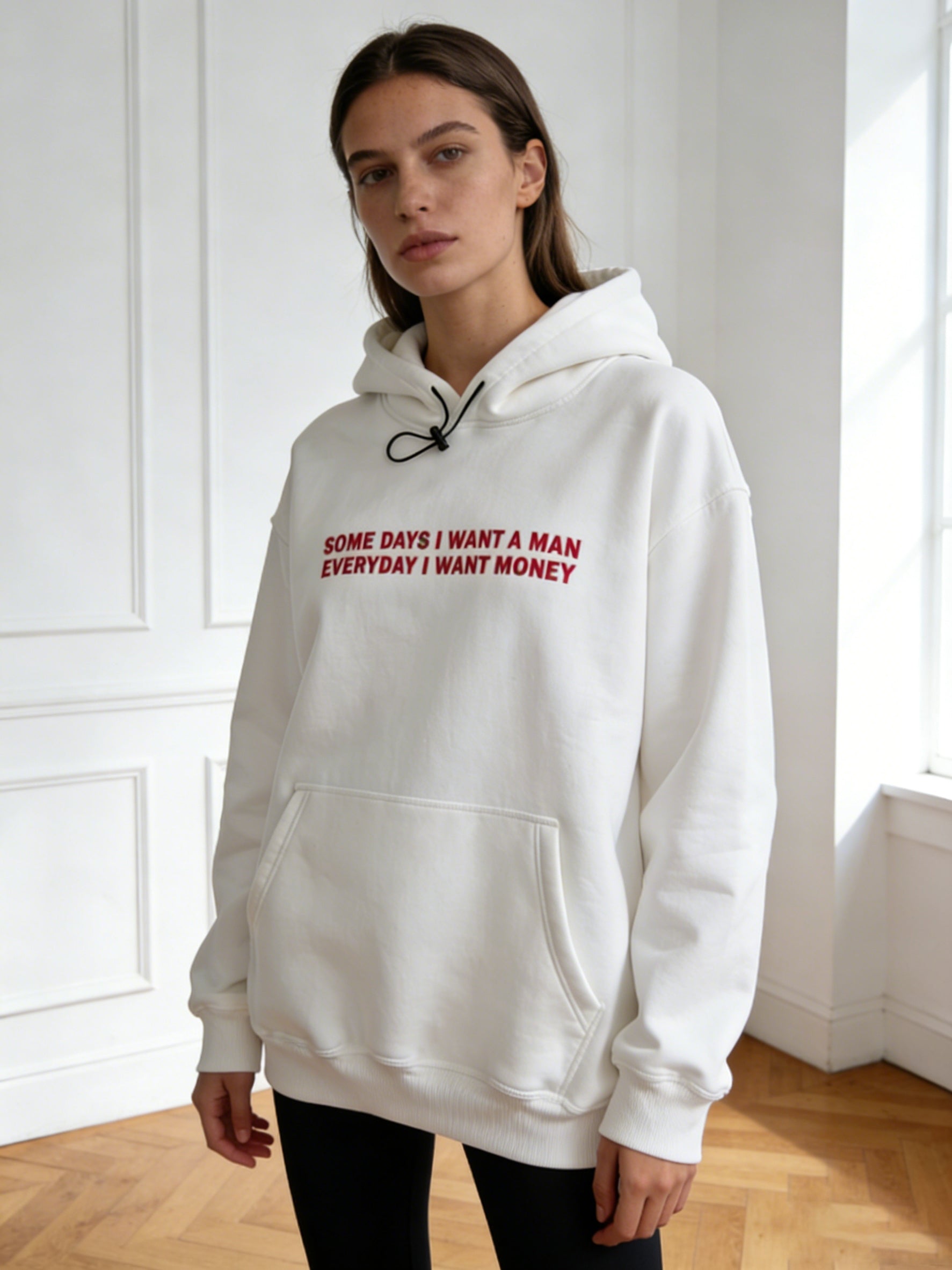 White Oversize Slogan Embroidered Hoodie