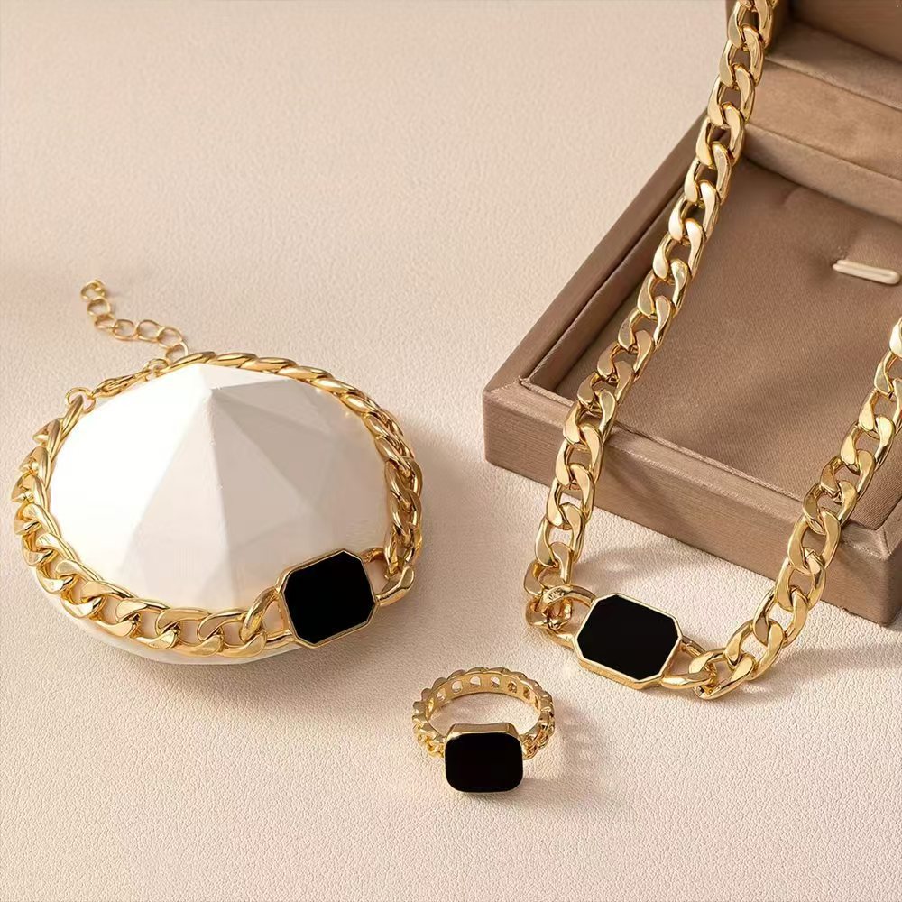 Geometric Square Chain Necklace Bracelet Ring Jewelry Set