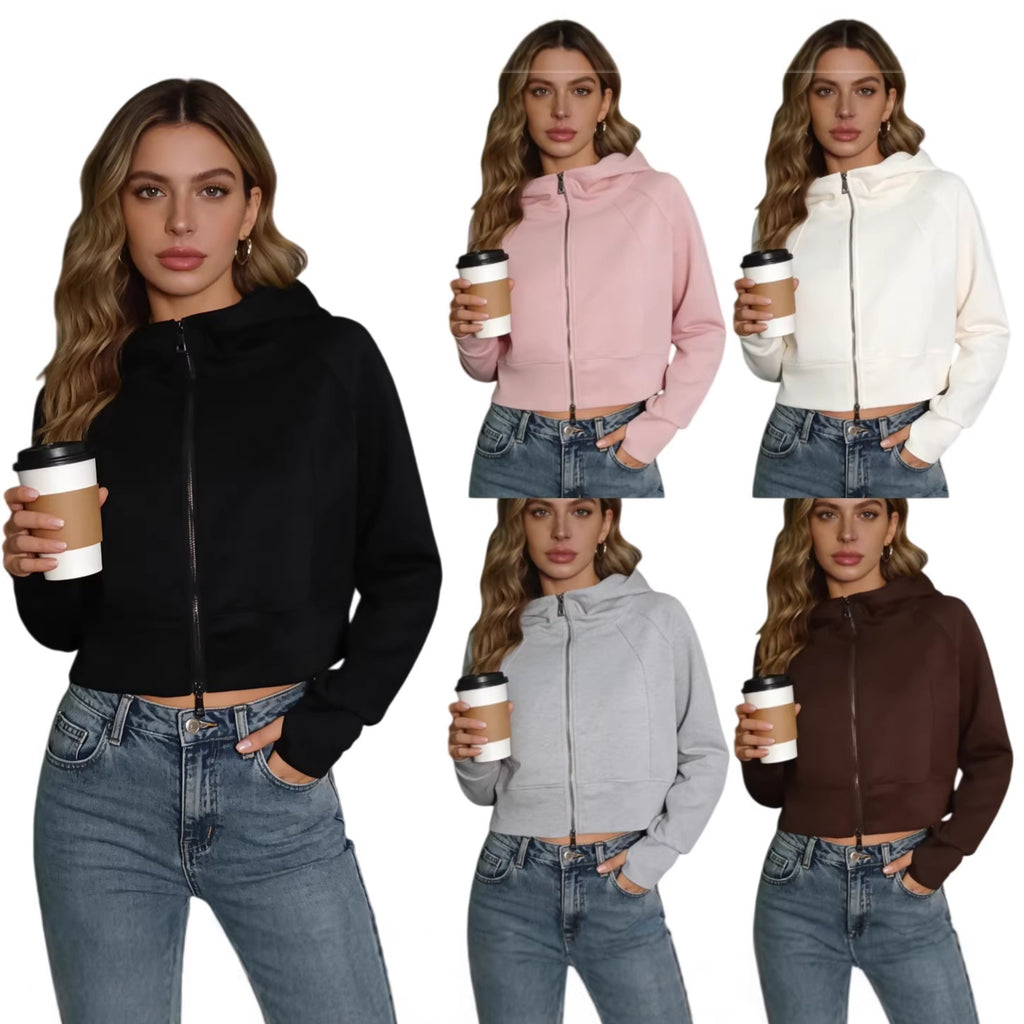 Retro Double Zip Hooded Fleece Lined Sweatshirt Short Cardigan Jacket