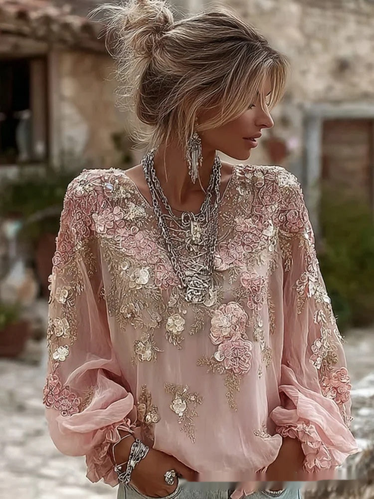Retro Bohemian Rose-Embroidered Loose Linen Top