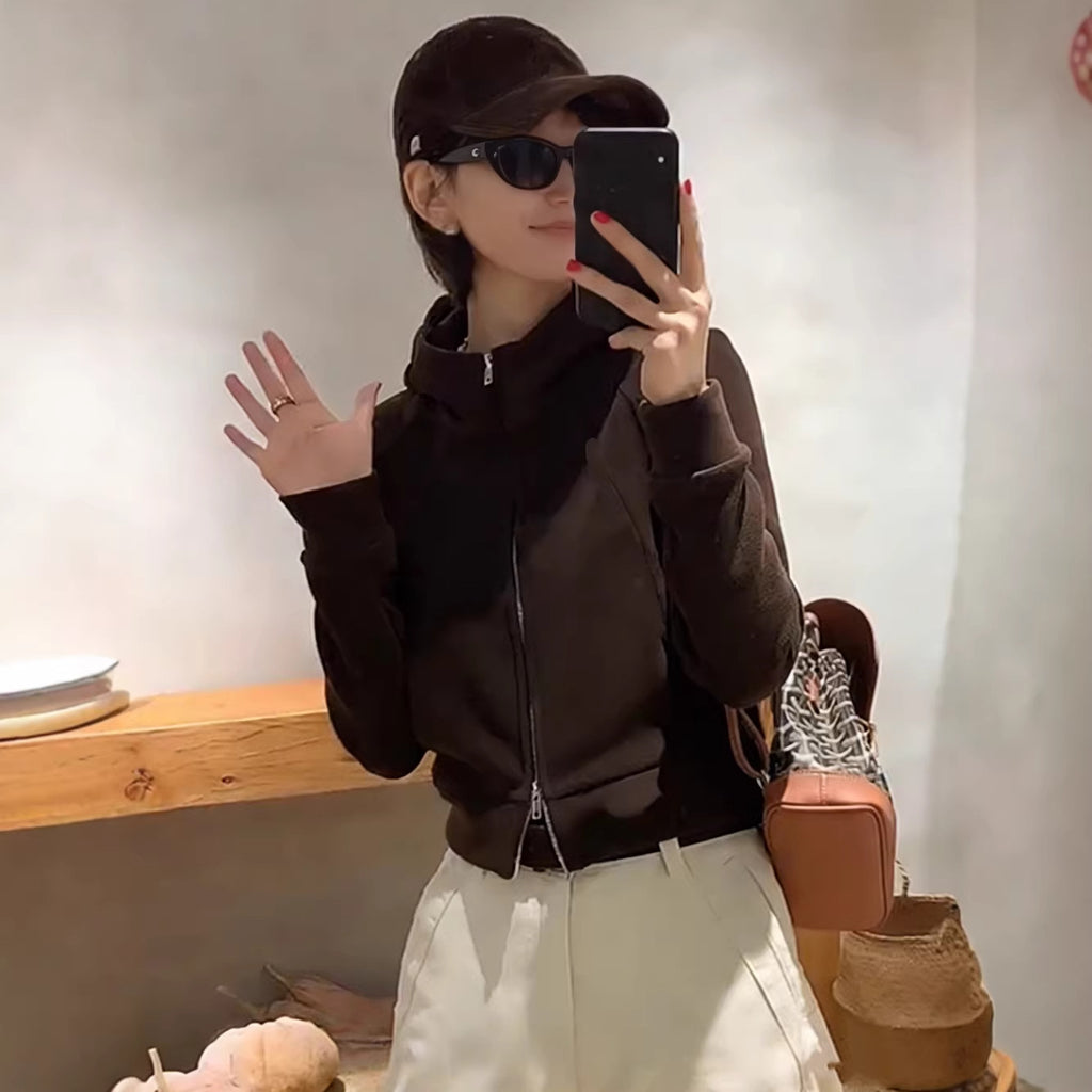 Retro Double Zip Hooded Fleece Lined Sweatshirt Short Cardigan Jacket