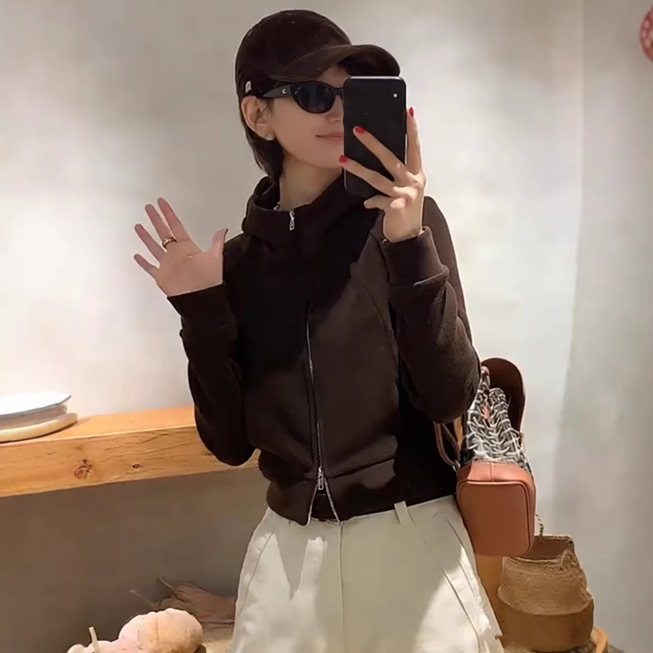 Retro Double Zip Hooded Fleece Lined Sweatshirt Short Cardigan Jacket