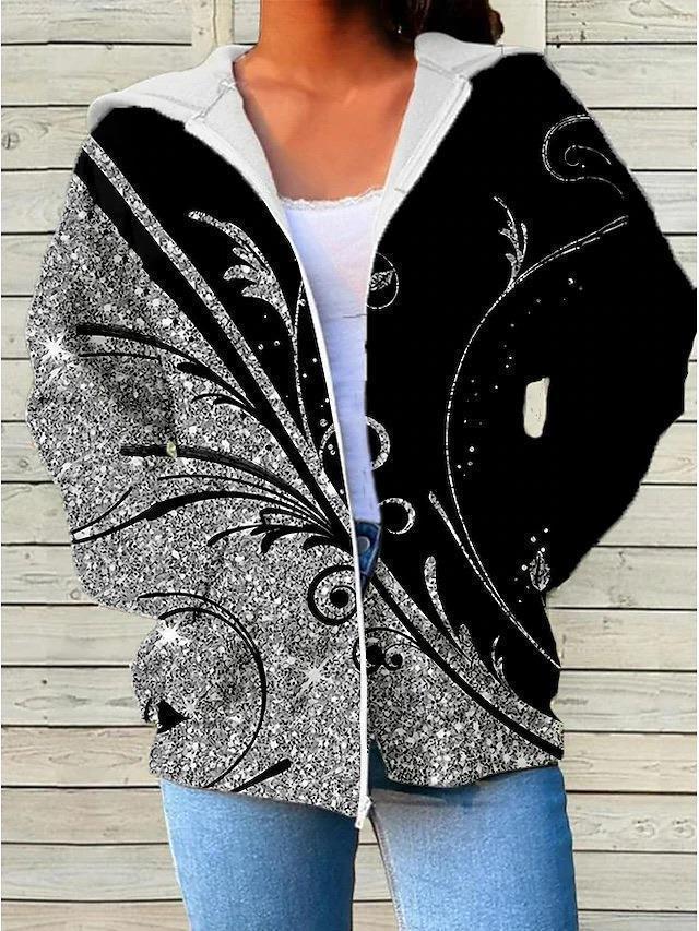 Womens Fashionable Casual Printed Zip-Up Hoodie