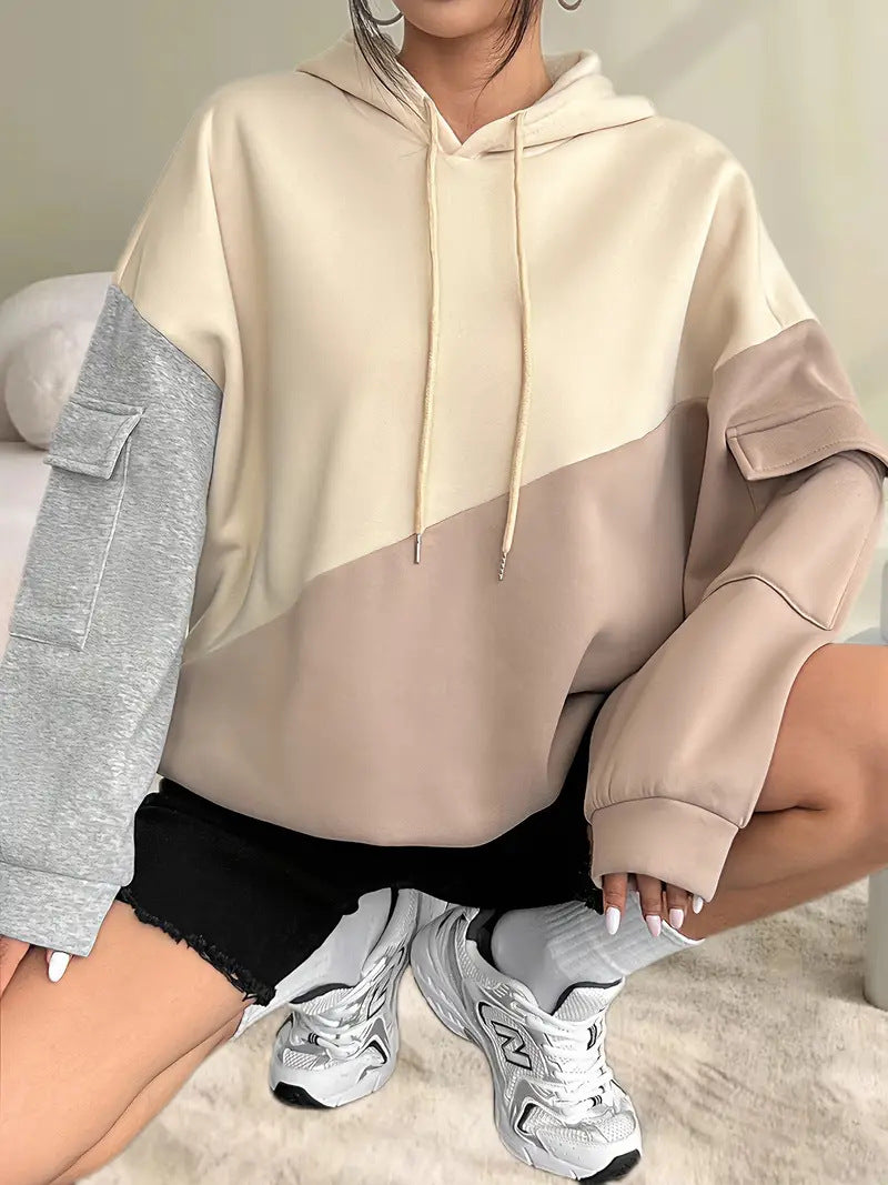 Womens Casual Fashion Color-Block Patchwork Hoodie With Long Sleeves