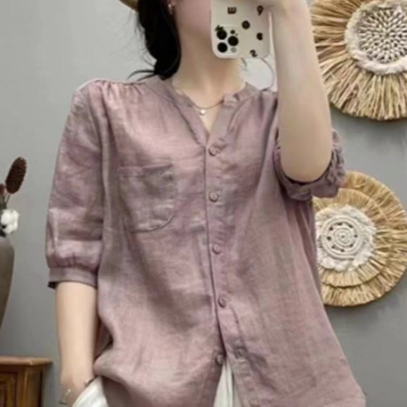 Versatile Lightweight Shirt In Premium Ramie Fabric Solid Color