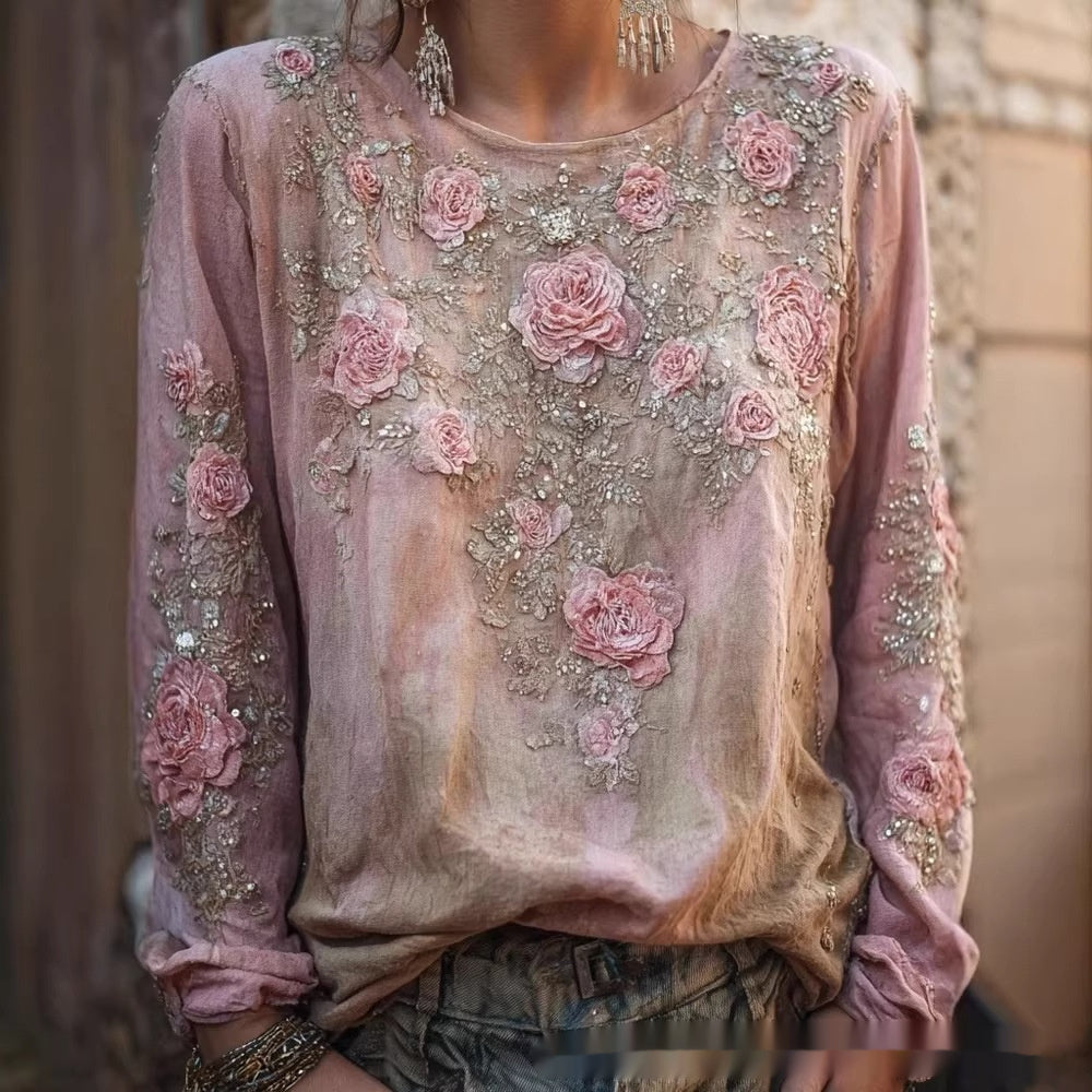 Retro Bohemian Rose-Embroidered Loose Linen Top