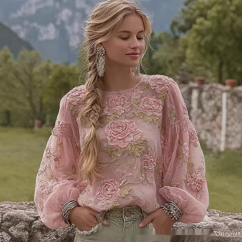 Retro Bohemian Rose-Embroidered Loose Linen Top