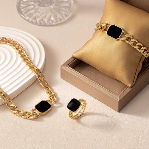 Geometric Square Chain Necklace Bracelet Ring Jewelry Set