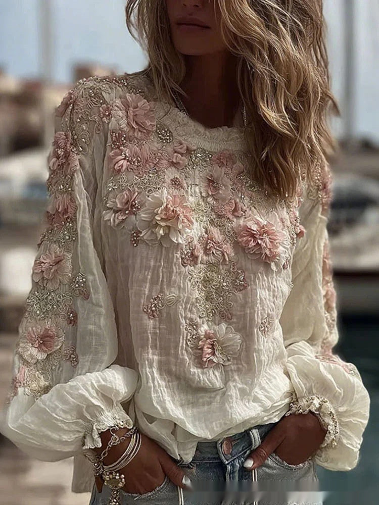 Retro Bohemian Rose-Embroidered Loose Linen Top