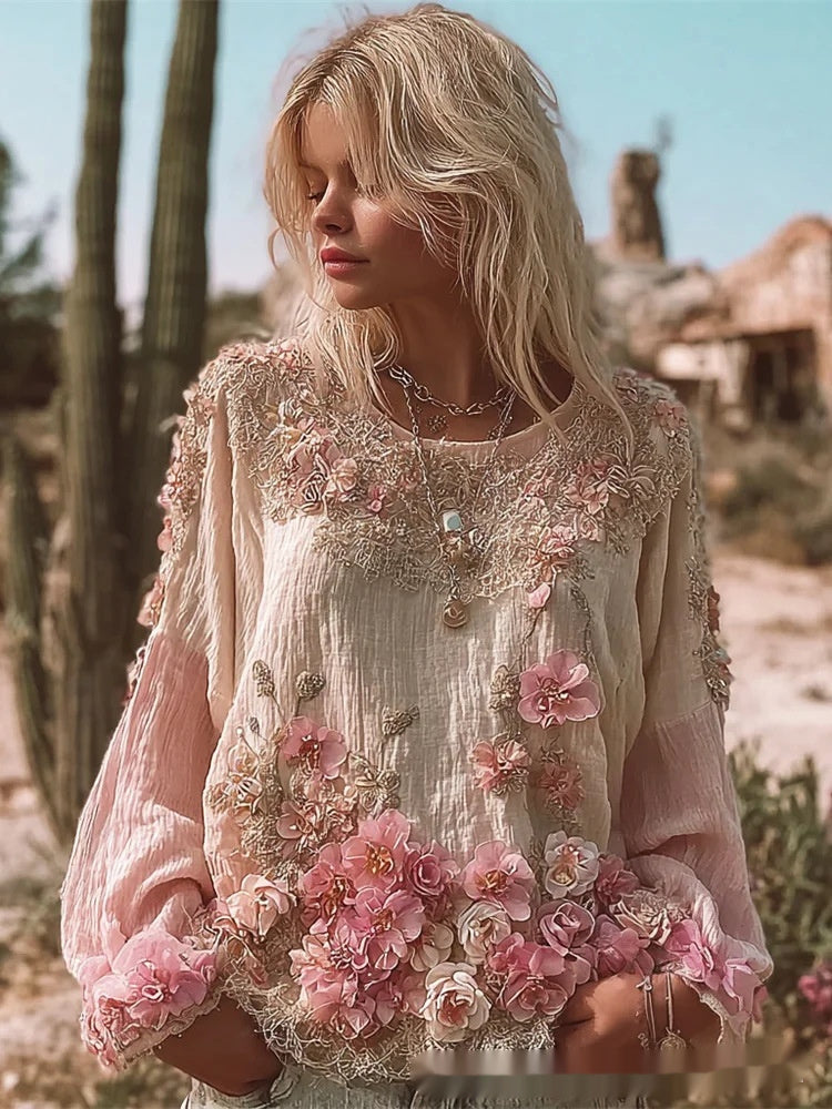 Retro Bohemian Rose-Embroidered Loose Linen Top