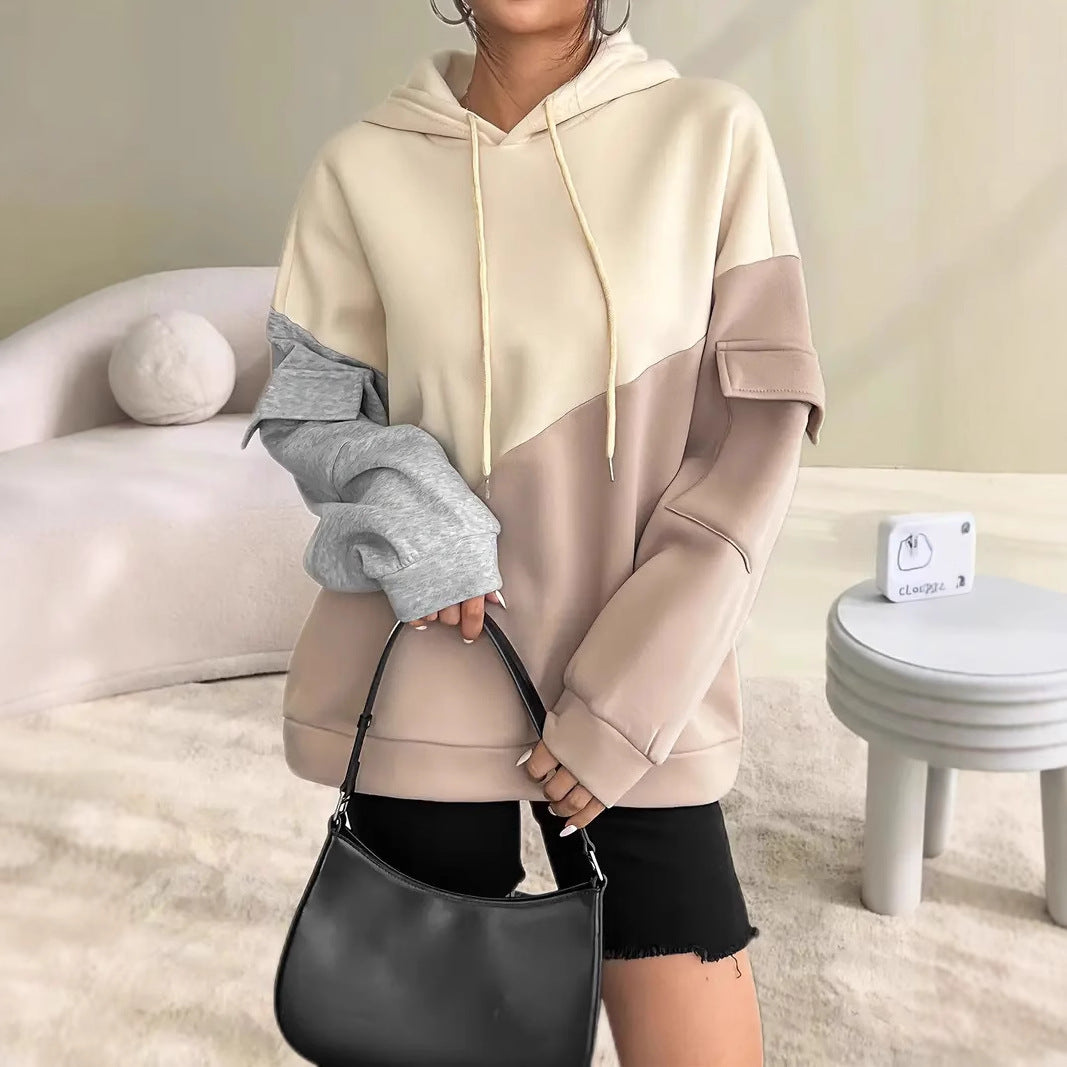Womens Casual Fashion Color-Block Patchwork Hoodie With Long Sleeves