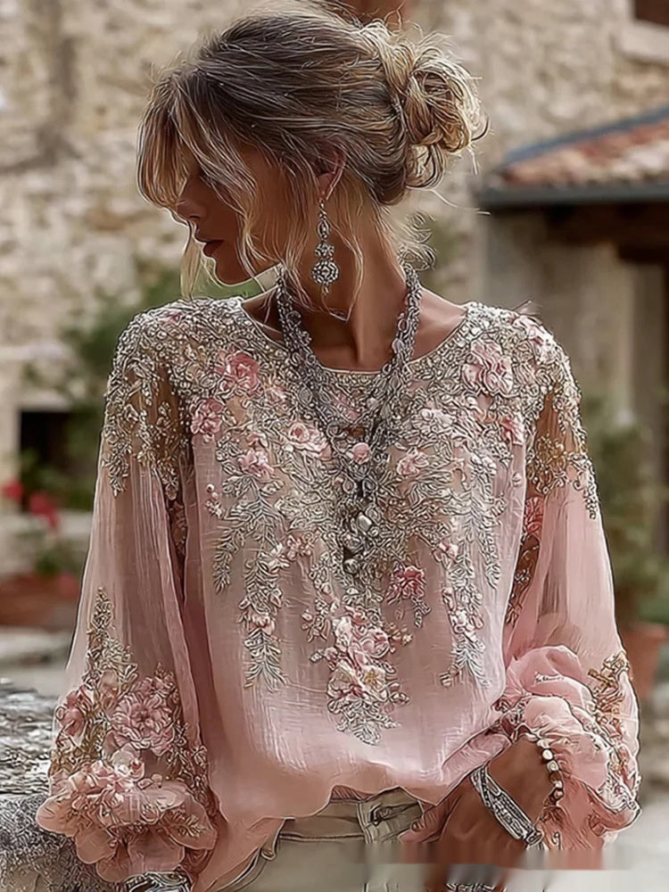 Retro Bohemian Rose-Embroidered Loose Linen Top