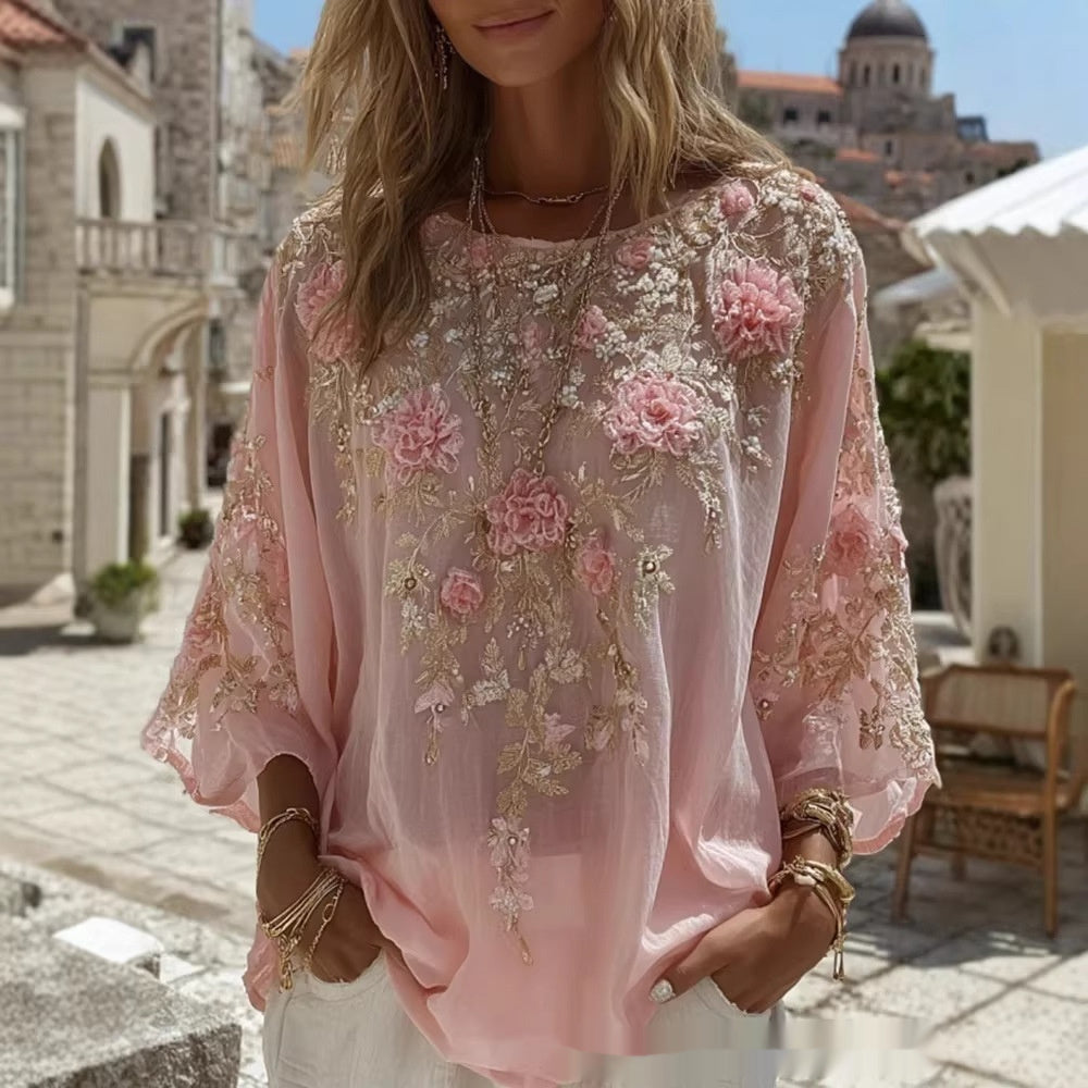 Retro Bohemian Rose-Embroidered Loose Linen Top