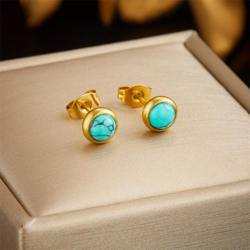 Round Turquoise Accessory Chain Earrings Stainless Steel Set