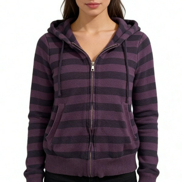 Purple And Black Striped Hooded Casual Sweatshirt