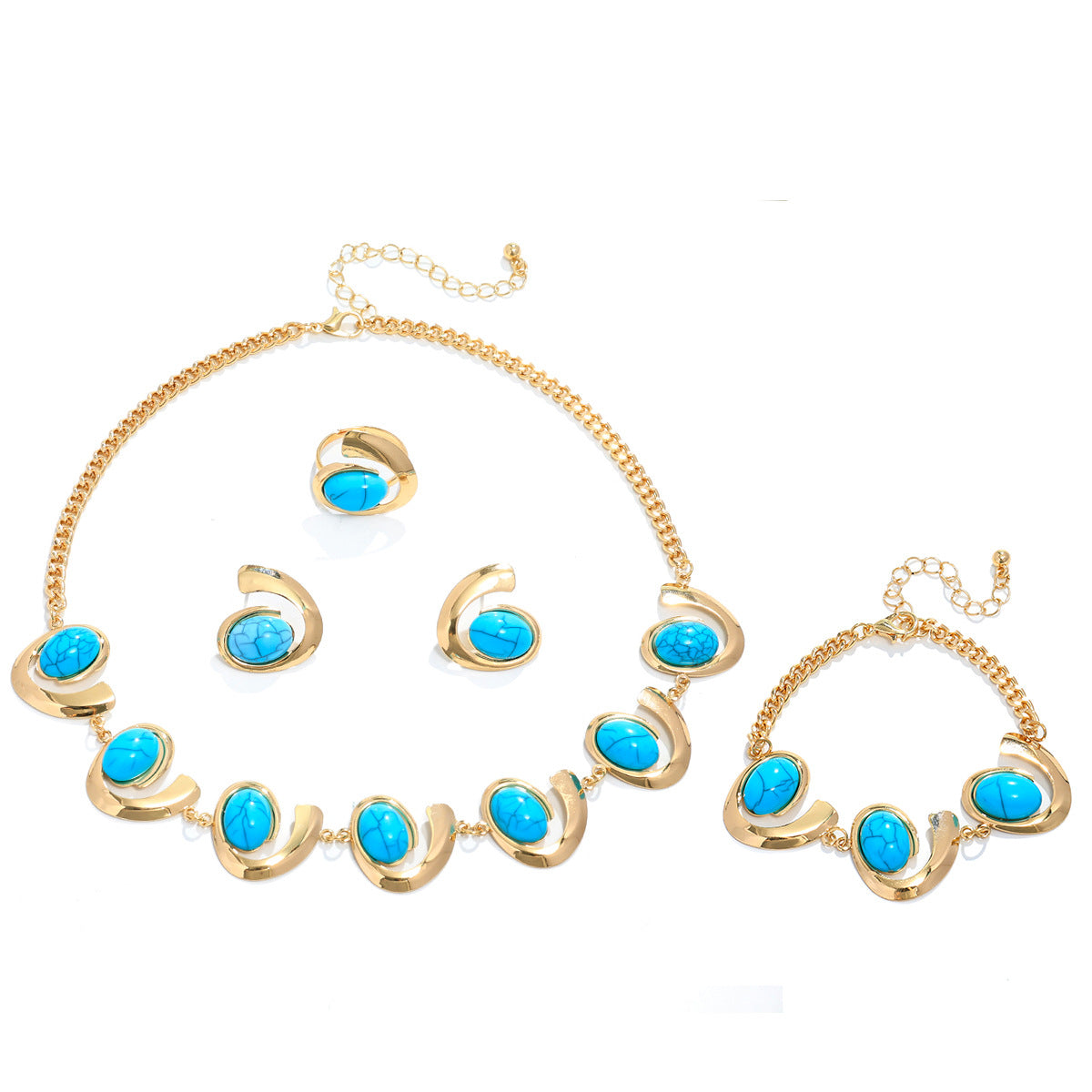 Inlaid Turquoise Spiral Earrings Necklace Bracelet Ring Set