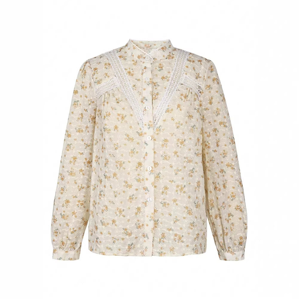 Casual And Elegant Lace-panelled Printed Shirt