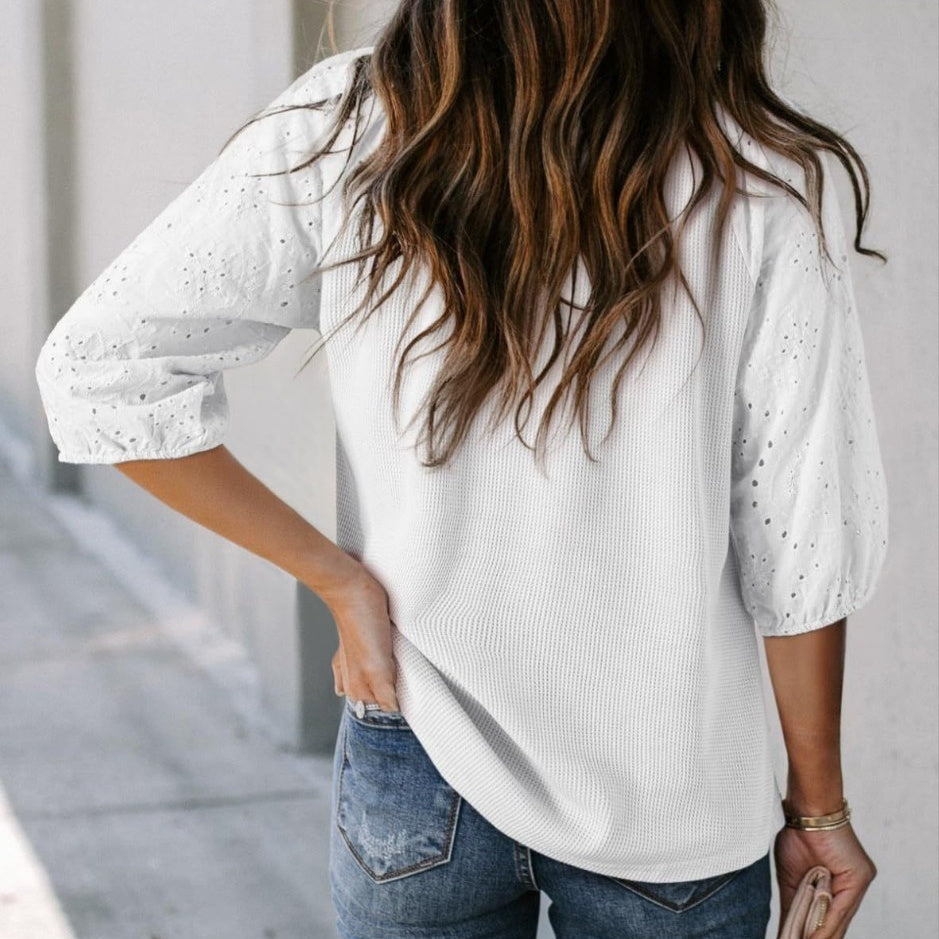 Womens V-neck Hooded Three-Quarter Sleeve Tassel Shirt