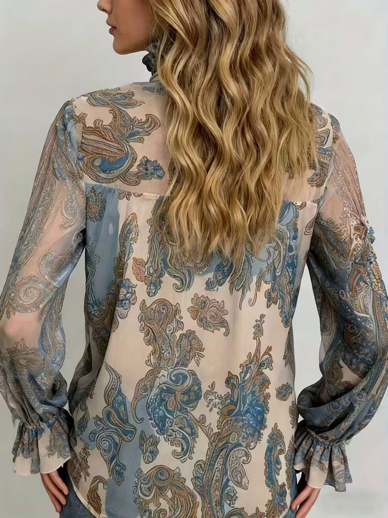 Womens Retro Long-Sleeve Stand-Neck Lace-Up Ruffle Flare-Sleeve Shirt