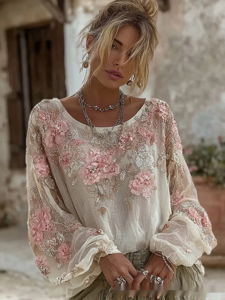 Retro Bohemian Rose-Embroidered Loose Linen Top