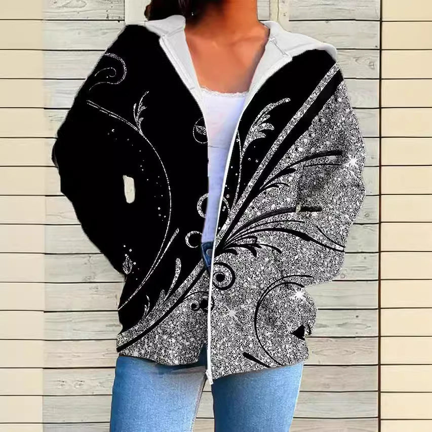 Womens Fashionable Casual Printed Zip-Up Hoodie