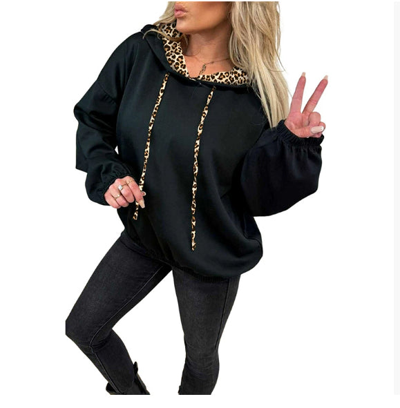 Solid-color Side-panel Leopard-print Patchwork Hooded Long-sleeve Sweatshirt