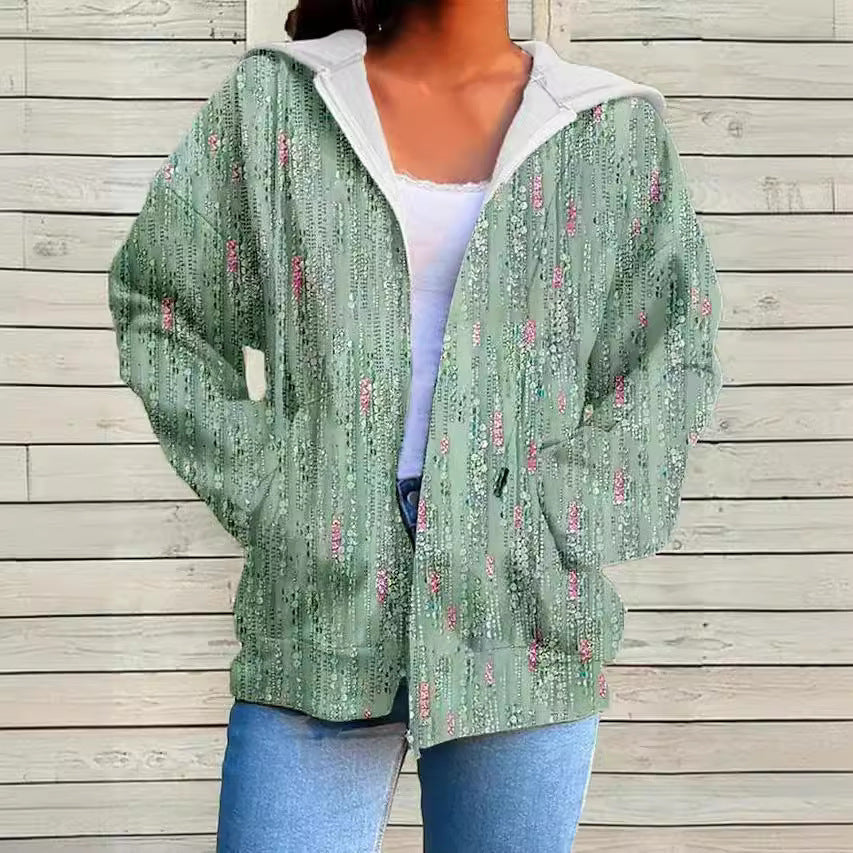 Womens Fashionable Casual Printed Zip-Up Hoodie