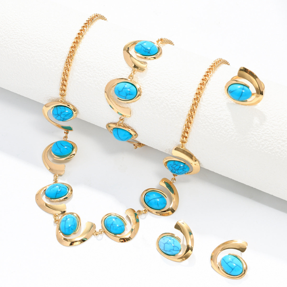 Inlaid Turquoise Spiral Earrings Necklace Bracelet Ring Set
