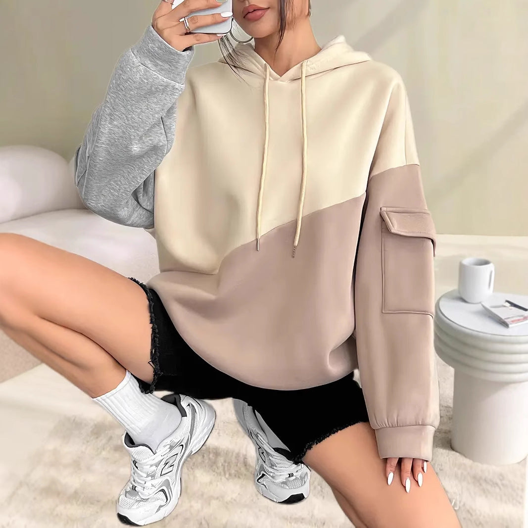Womens Casual Fashion Color-Block Patchwork Hoodie With Long Sleeves