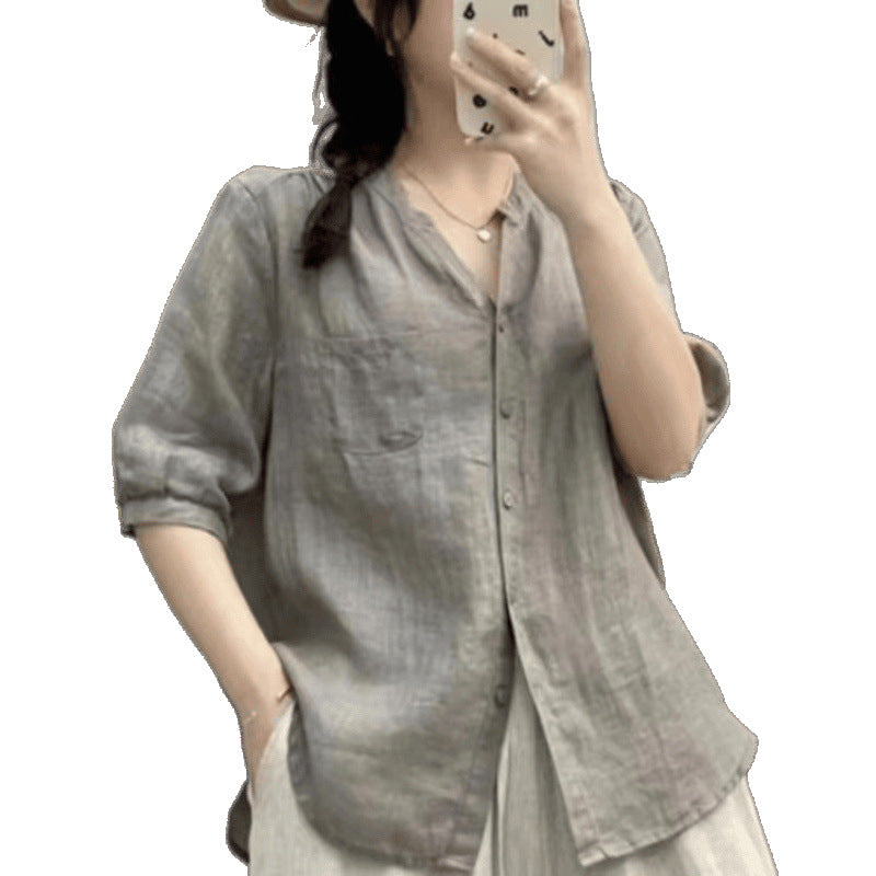 Versatile Lightweight Shirt In Premium Ramie Fabric Solid Color