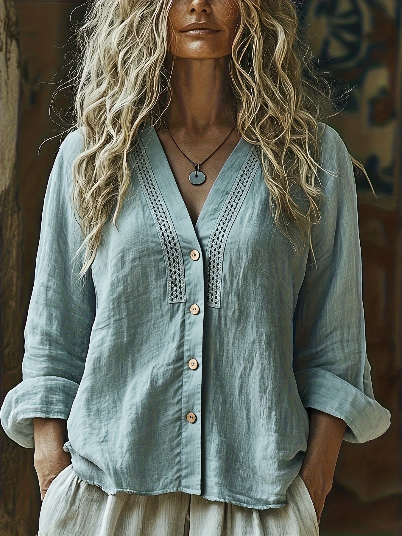 Womens Bohemian V-Neck Linen Shirt