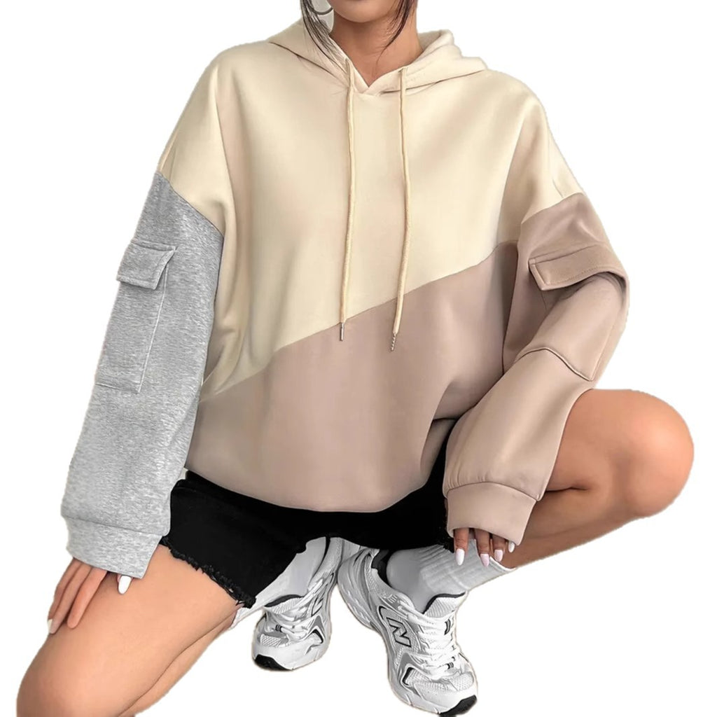 Womens Casual Fashion Color-Block Patchwork Hoodie With Long Sleeves