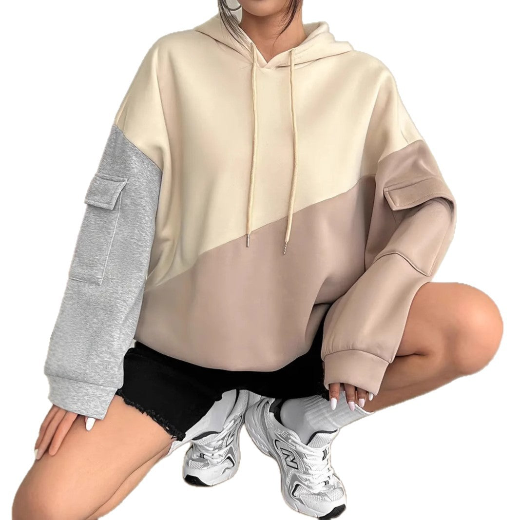 Womens Casual Fashion Color-Block Patchwork Hoodie With Long Sleeves