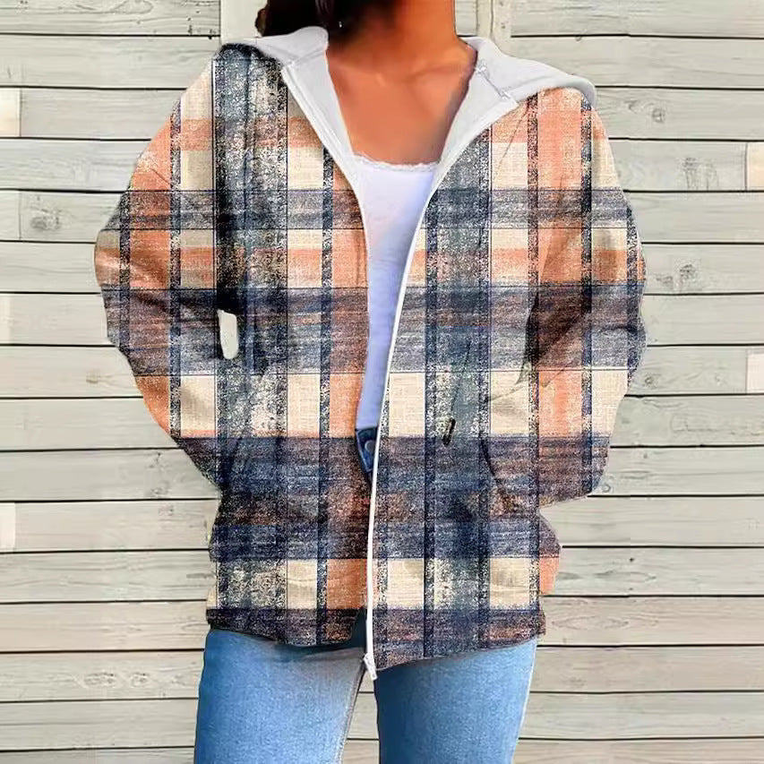 Womens Fashionable Casual Printed Zip-Up Hoodie