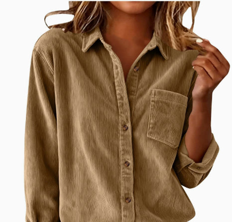 Corduroy Casual Loose Thick Shirt With Striped Turn-Down Collar And Long Sleeves
