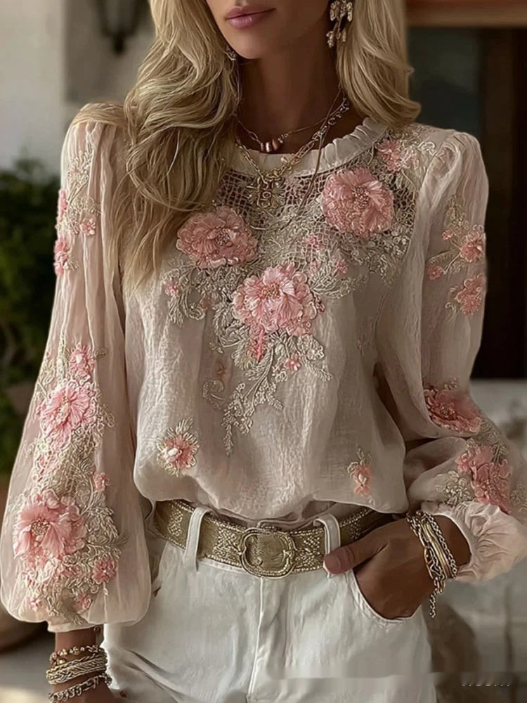 Retro Bohemian Rose-Embroidered Loose Linen Top