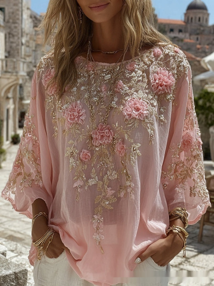 Retro Bohemian Rose-Embroidered Loose Linen Top