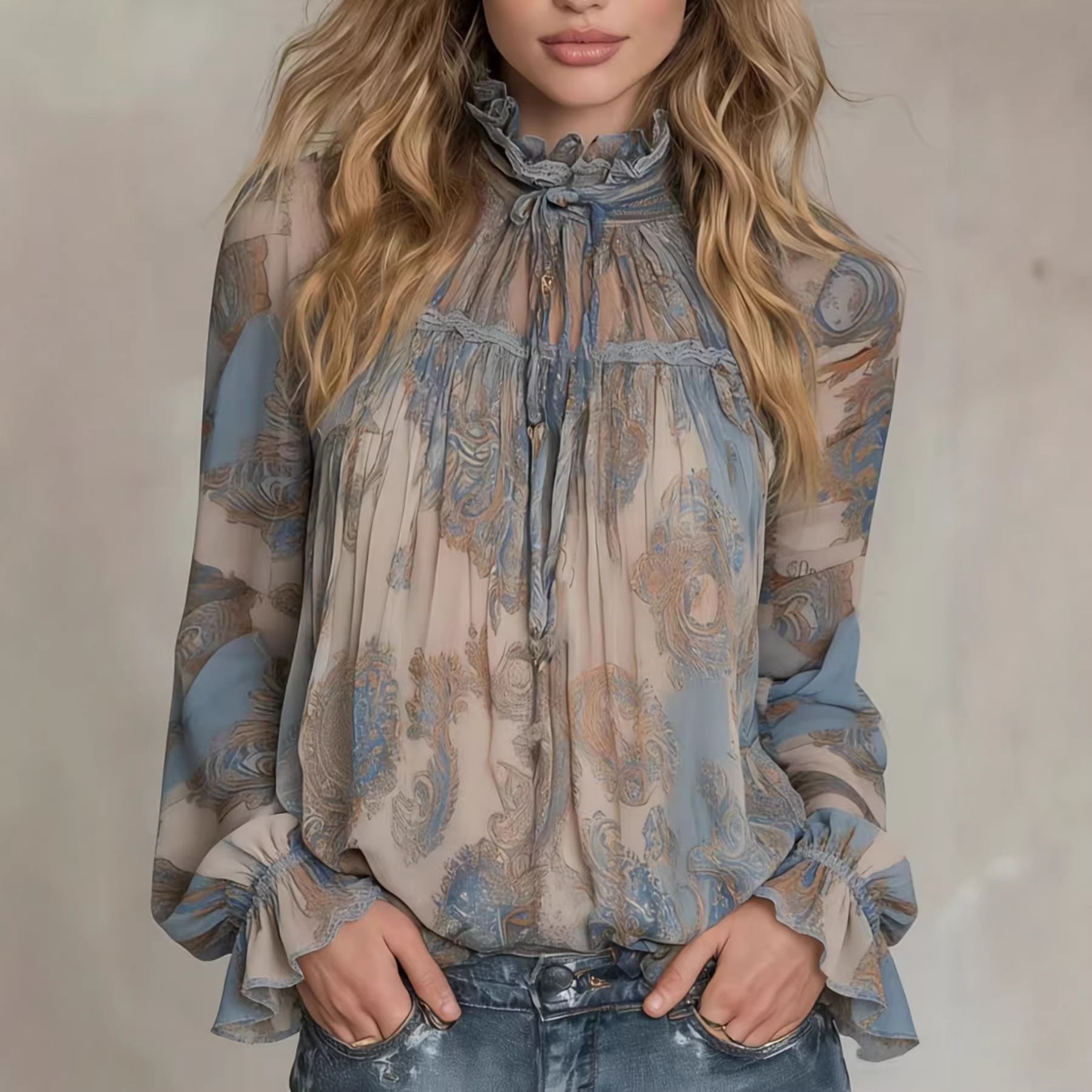 Womens Retro Long-Sleeve Stand-Neck Lace-Up Ruffle Flare-Sleeve Shirt