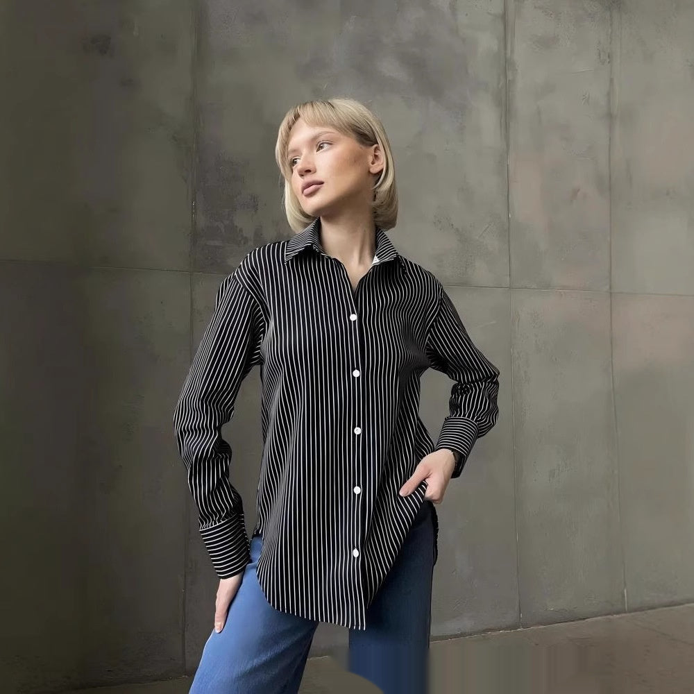 Womens Loose-fitting Plus-size Striped Shirt