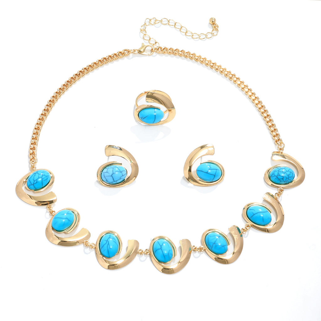 Inlaid Turquoise Spiral Earrings Necklace Bracelet Ring Set