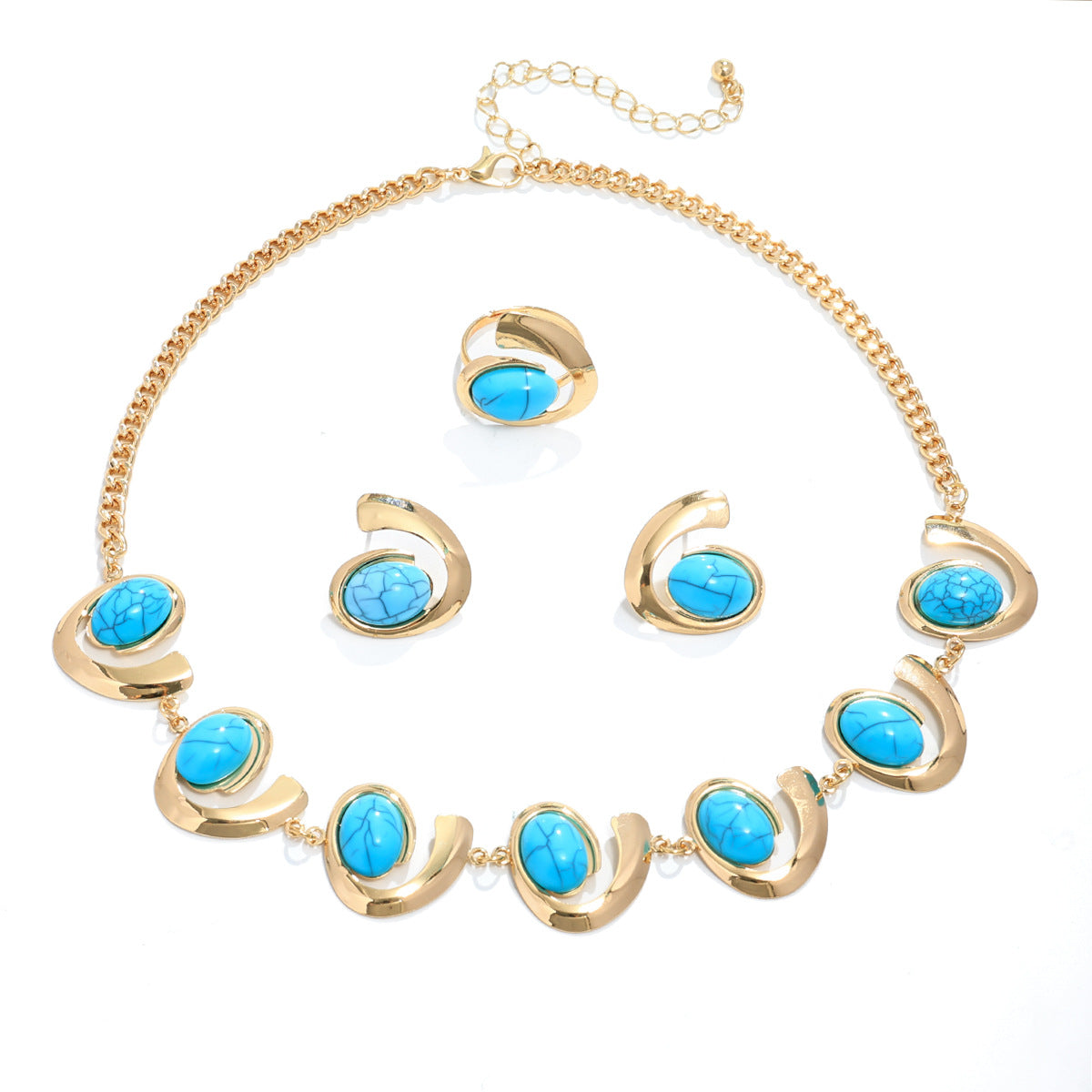 Inlaid Turquoise Spiral Earrings Necklace Bracelet Ring Set