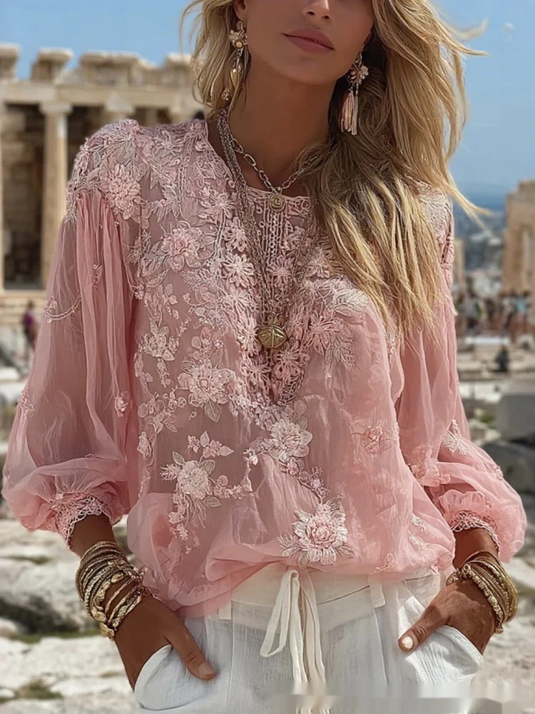 Retro Bohemian Rose-Embroidered Loose Linen Top