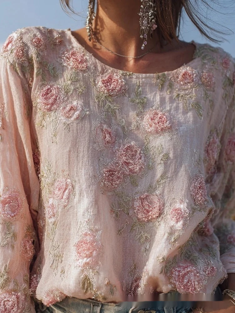 Retro Bohemian Rose-Embroidered Loose Linen Top