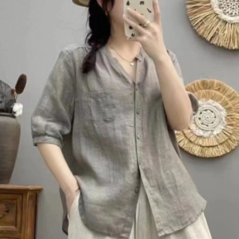 Versatile Lightweight Shirt In Premium Ramie Fabric Solid Color