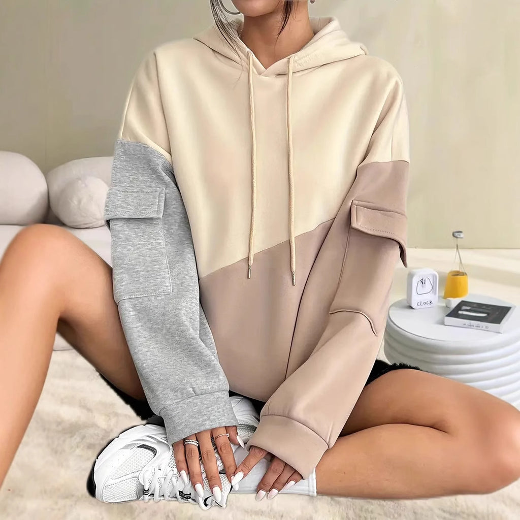 Womens Casual Fashion Color-Block Patchwork Hoodie With Long Sleeves