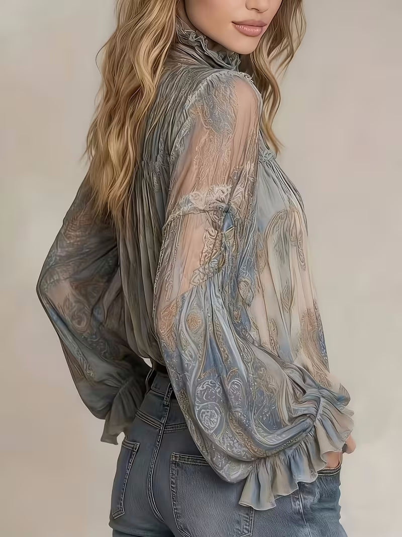 Womens Retro Long-Sleeve Stand-Neck Lace-Up Ruffle Flare-Sleeve Shirt