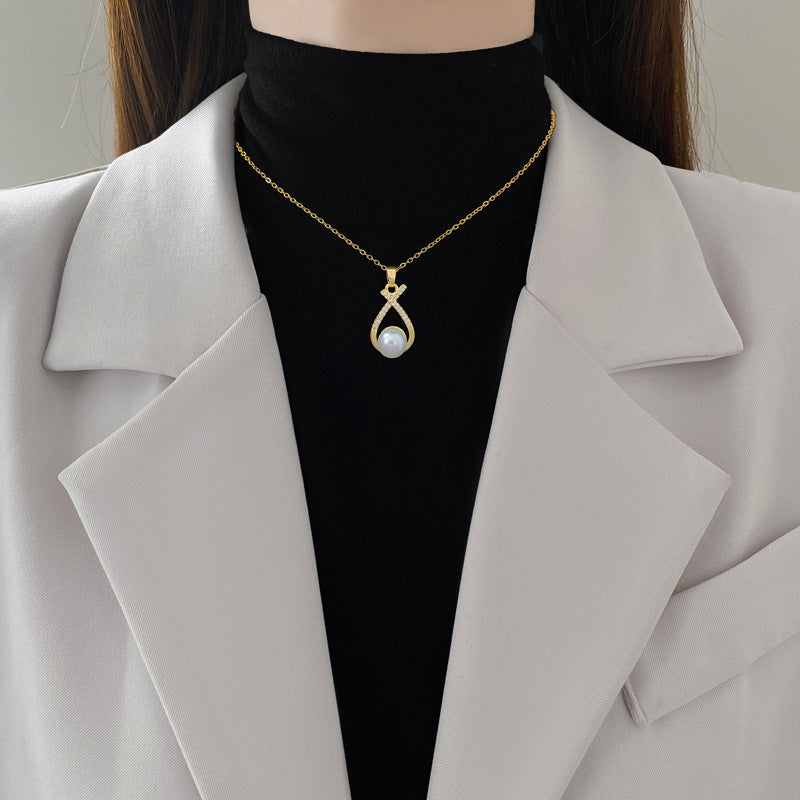 Womens Light-Luxury Cross-Design Diamond-Encrusted Pearl Necklace Set