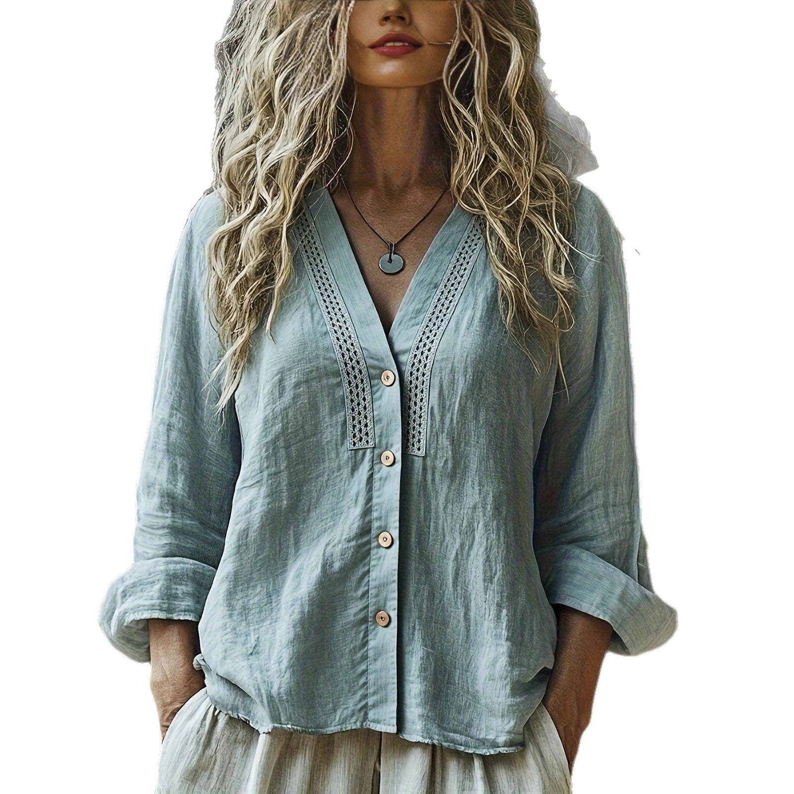 Womens Bohemian V-Neck Linen Shirt