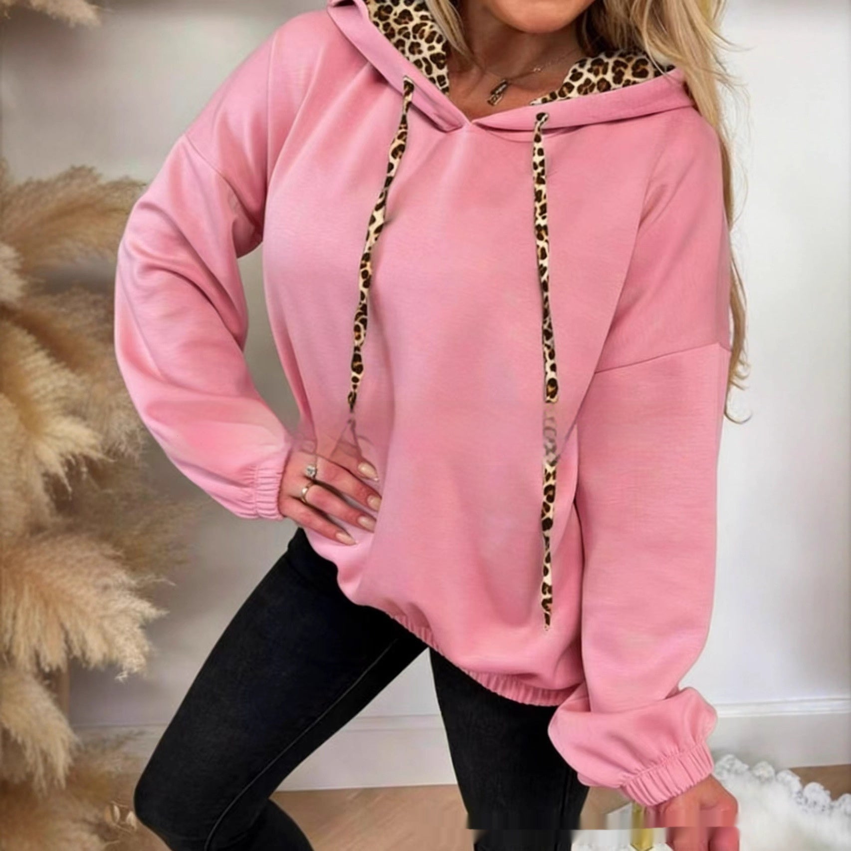 Solid-color Side-panel Leopard-print Patchwork Hooded Long-sleeve Sweatshirt
