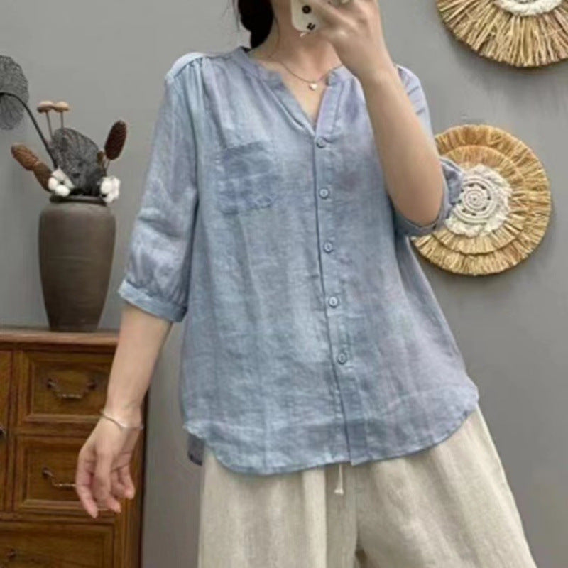 Versatile Lightweight Shirt In Premium Ramie Fabric Solid Color